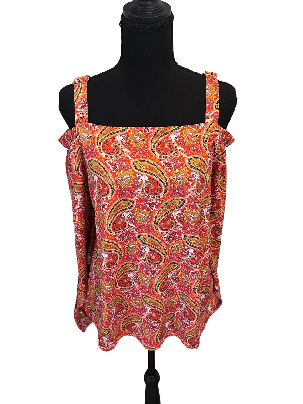 Melloday Paisley Cold-Shoulder Boho Festival Blouse- Vibrant Mixed Colors M